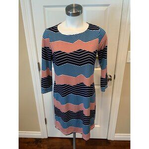 BCBG Max Azria Red/Blue/White Zig-Zag Striped 3/4 Sleeve Swing Dress, Size XS